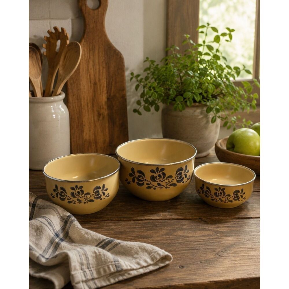 Vtg Pfaltzgraff Folk Art Nesting Bowl Mixing Enamel Metal Set Of 3